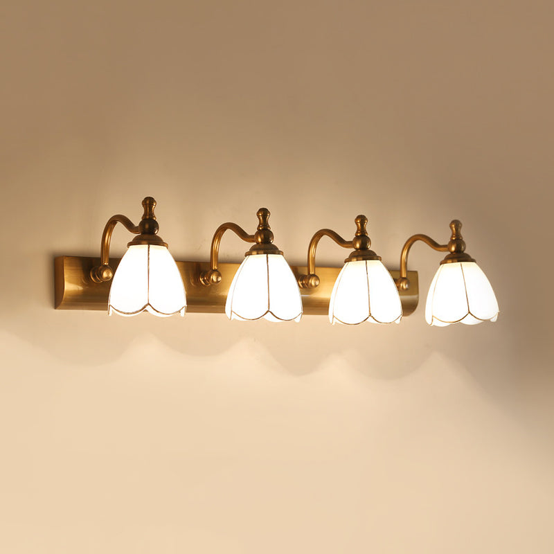 Flower Ivory Glass Vanity Light Colonial Style 1/2/3-Bulb Bathroom Wall Mounted Lighting in Gold Clearhalo 'Vanity Lights' 'Wall Lights' Lighting' 1460314