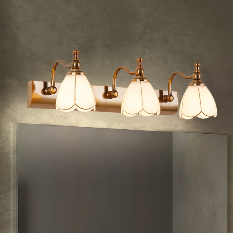 Flower Ivory Glass Vanity Light Colonial Style 1/2/3-Bulb Bathroom Wall Mounted Lighting in Gold 3.0 Gold Clearhalo 'Vanity Lights' 'Wall Lights' Lighting' 1460316