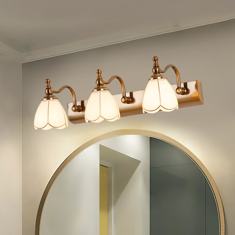 Flower Ivory Glass Vanity Light Colonial Style 1/2/3-Bulb Bathroom Wall Mounted Lighting in Gold Clearhalo 'Vanity Lights' 'Wall Lights' Lighting' 1460317