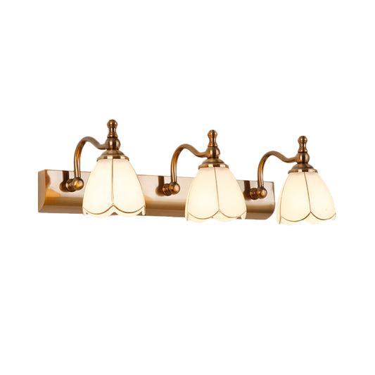 Flower Ivory Glass Vanity Light Colonial Style 1/2/3-Bulb Bathroom Wall Mounted Lighting in Gold Clearhalo 'Vanity Lights' 'Wall Lights' Lighting' 1460318