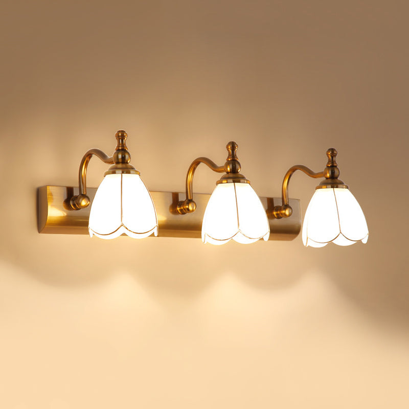 Flower Ivory Glass Vanity Light Colonial Style 1/2/3-Bulb Bathroom Wall Mounted Lighting in Gold Clearhalo 'Vanity Lights' 'Wall Lights' Lighting' 1460319