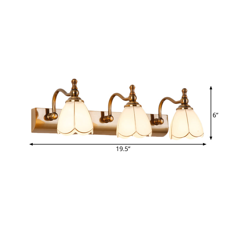 Flower Ivory Glass Vanity Light Colonial Style 1/2/3-Bulb Bathroom Wall Mounted Lighting in Gold Clearhalo 'Vanity Lights' 'Wall Lights' Lighting' 1460320