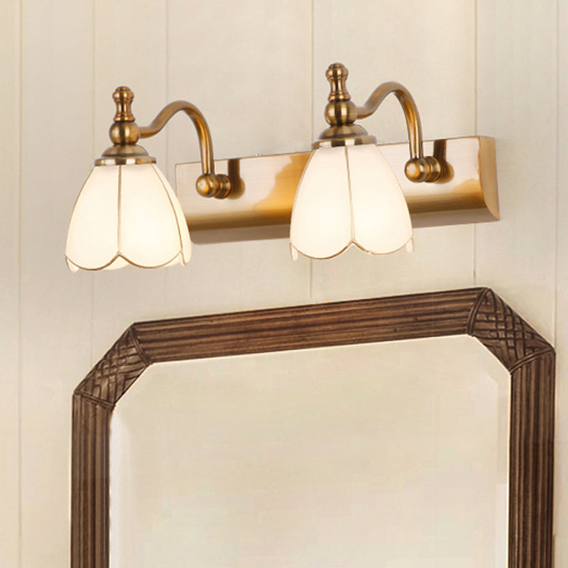 Flower Ivory Glass Vanity Light Colonial Style 1/2/3-Bulb Bathroom Wall Mounted Lighting in Gold 2.0 Gold Clearhalo 'Vanity Lights' 'Wall Lights' Lighting' 1460321