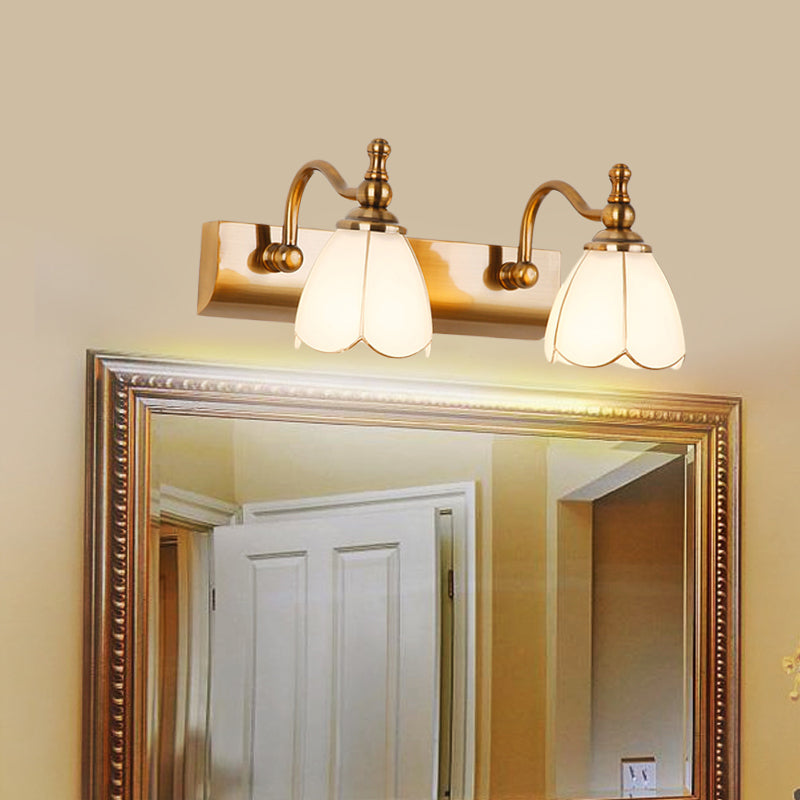 Flower Ivory Glass Vanity Light Colonial Style 1/2/3-Bulb Bathroom Wall Mounted Lighting in Gold Clearhalo 'Vanity Lights' 'Wall Lights' Lighting' 1460322
