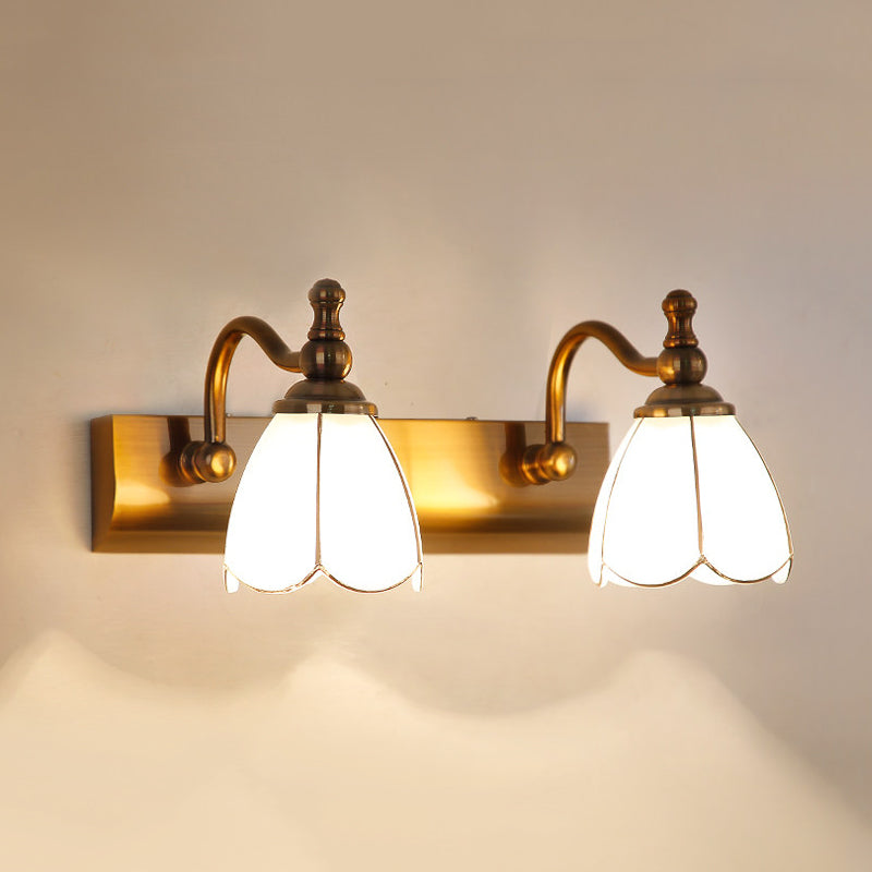 Flower Ivory Glass Vanity Light Colonial Style 1/2/3-Bulb Bathroom Wall Mounted Lighting in Gold Clearhalo 'Vanity Lights' 'Wall Lights' Lighting' 1460324