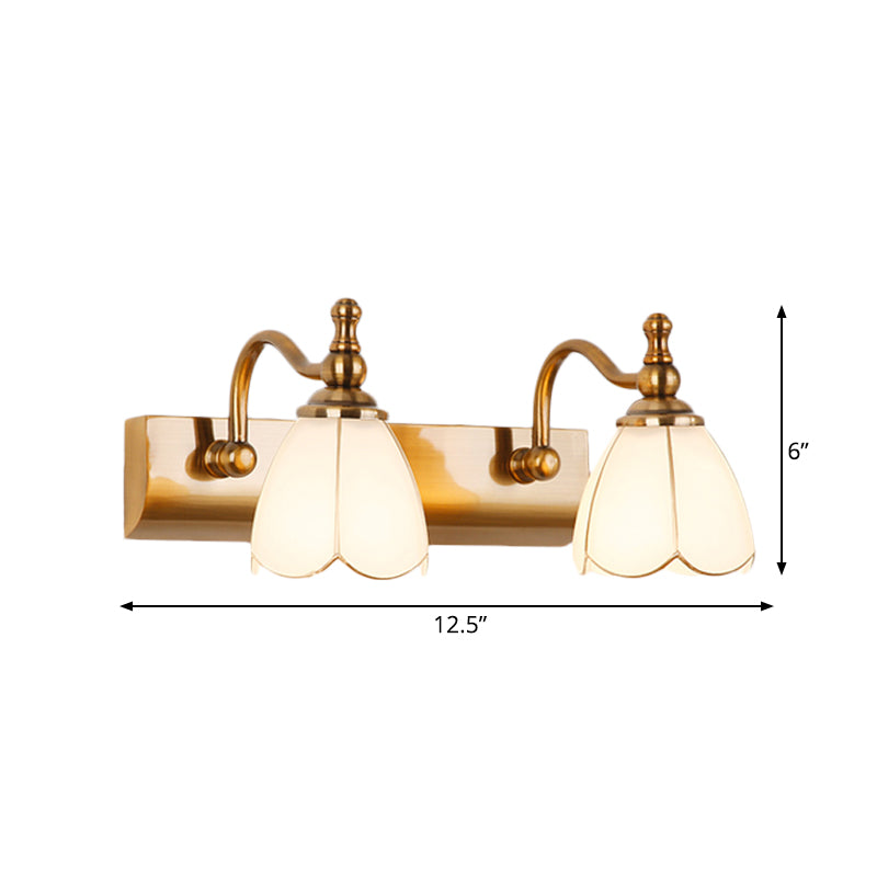 Flower Ivory Glass Vanity Light Colonial Style 1/2/3-Bulb Bathroom Wall Mounted Lighting in Gold Clearhalo 'Vanity Lights' 'Wall Lights' Lighting' 1460325