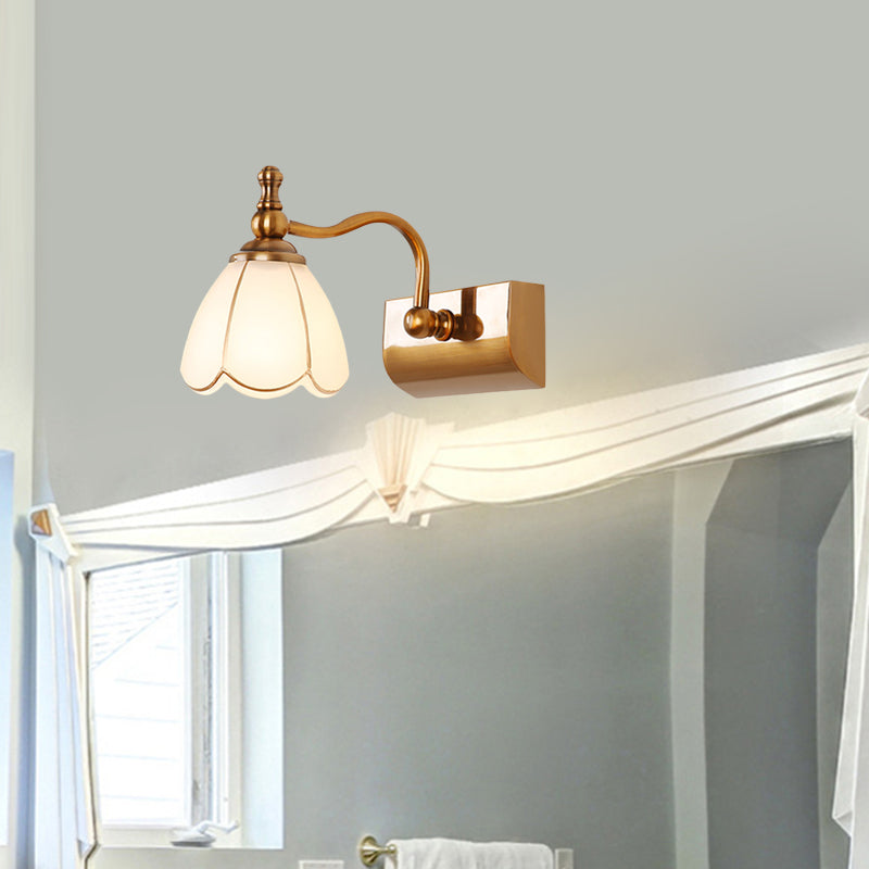 Flower Ivory Glass Vanity Light Colonial Style 1/2/3-Bulb Bathroom Wall Mounted Lighting in Gold Clearhalo 'Vanity Lights' 'Wall Lights' Lighting' 1460327
