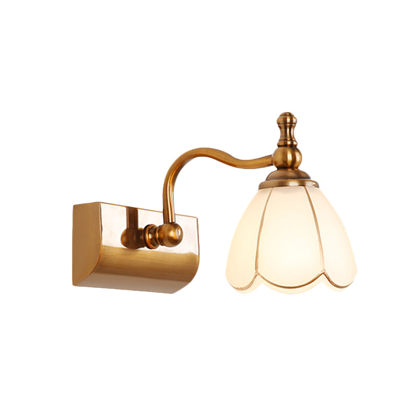 Flower Ivory Glass Vanity Light Colonial Style 1/2/3-Bulb Bathroom Wall Mounted Lighting in Gold Clearhalo 'Vanity Lights' 'Wall Lights' Lighting' 1460328