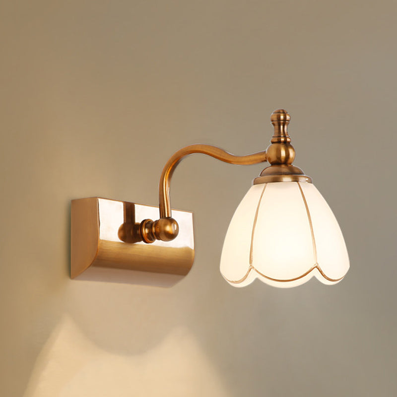 Flower Ivory Glass Vanity Light Colonial Style 1/2/3-Bulb Bathroom Wall Mounted Lighting in Gold Clearhalo 'Vanity Lights' 'Wall Lights' Lighting' 1460329