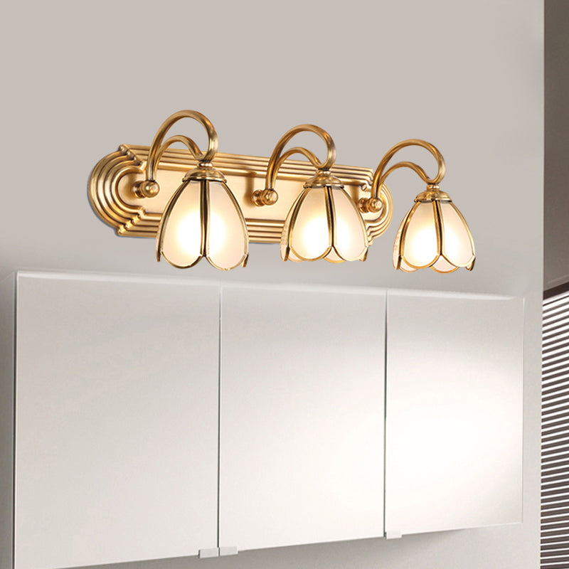 Floral Bathroom Bath Light Colonialism Frosted White Glass 1/3-Bulb Gold Vanity Lighting Fixture Clearhalo 'Art deco wall lights' 'Cast Iron' 'Glass' 'Industrial wall lights' 'Industrial' 'Middle century wall lights' 'Modern' 'Rustic wall lights' 'Tiffany' 'Traditional wall lights' 'Vanity Lights' 'Wall Lights' Lighting' 1460332