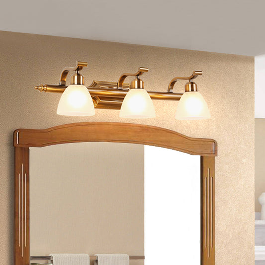 Colonialist Dome Vanity Lighting Idea 1/2/3-Light Cream Glass Bathroom Wall Light in Gold with Curved Arm Clearhalo 'Vanity Lights' 'Wall Lights' Lighting' 1460372