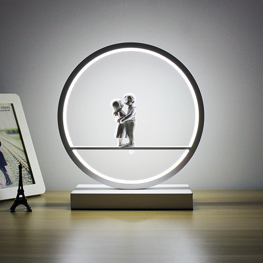 Black/White Hoop Nightstand Light Simple Romantic Acrylic Table Lamp in Warm/White Light with Lover Statuette White White Clearhalo 'Lamps' 'Table Lamps' Lighting' 1460485
