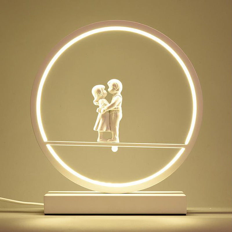 Black/White Hoop Nightstand Light Simple Romantic Acrylic Table Lamp in Warm/White Light with Lover Statuette Clearhalo 'Lamps' 'Table Lamps' Lighting' 1460488