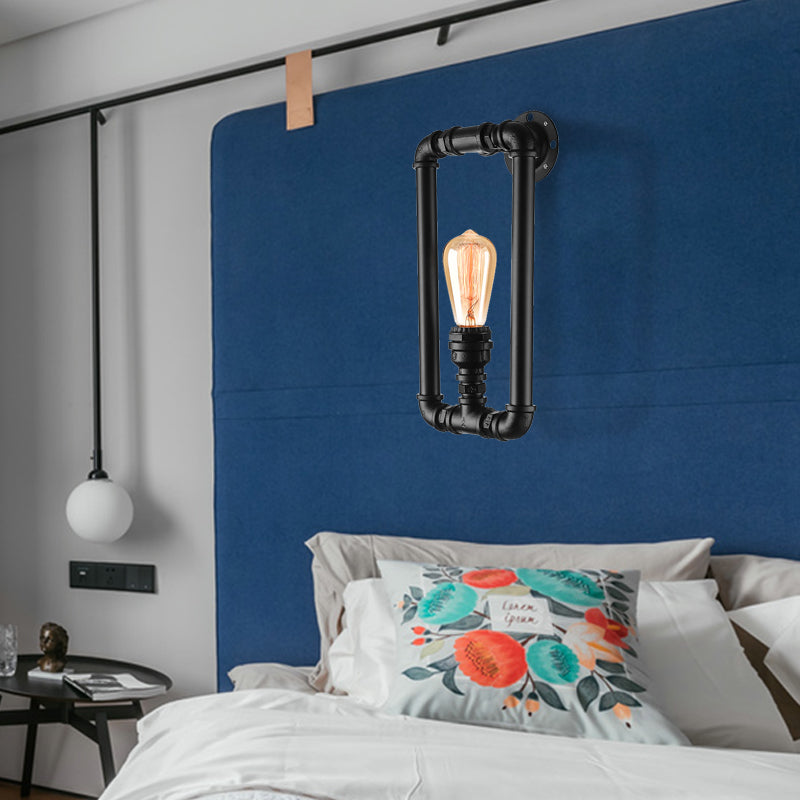 1 Bulb Rectangular Pipe Sconce Light Antique Stylish Black/Rust Iron Wall Mounted Lamp for Bedroom Black Clearhalo 'Art deco wall lights' 'Cast Iron' 'Glass' 'Industrial wall lights' 'Industrial' 'Middle century wall lights' 'Modern' 'Rustic wall lights' 'Tiffany' 'Traditional wall lights' 'Wall Lamps & Sconces' 'Wall Lights' Lighting' 146053