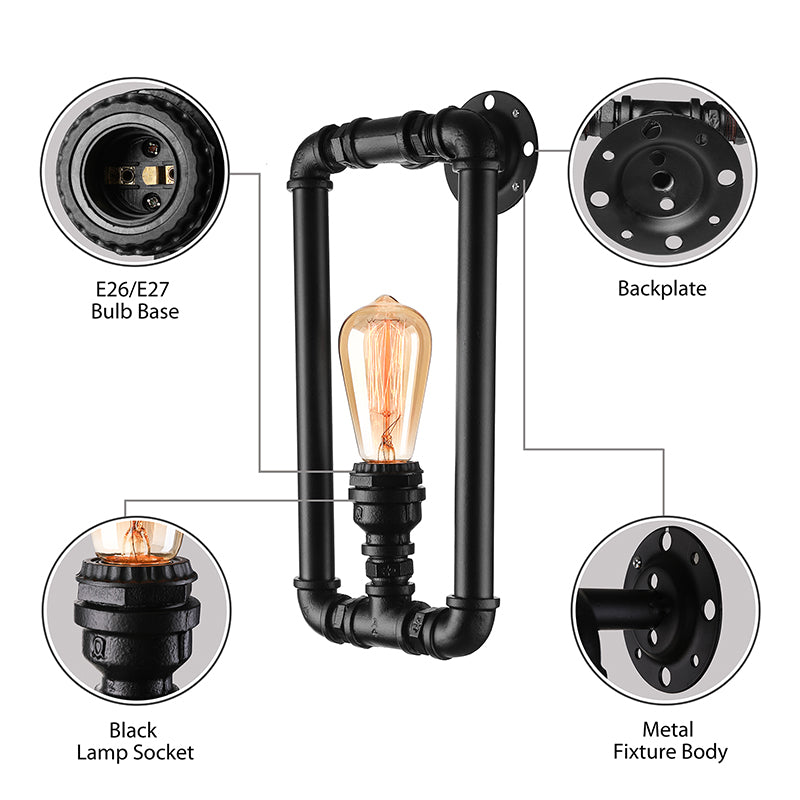 1 Bulb Rectangular Pipe Sconce Light Antique Stylish Black/Rust Iron Wall Mounted Lamp for Bedroom Clearhalo 'Art deco wall lights' 'Cast Iron' 'Glass' 'Industrial wall lights' 'Industrial' 'Middle century wall lights' 'Modern' 'Rustic wall lights' 'Tiffany' 'Traditional wall lights' 'Wall Lamps & Sconces' 'Wall Lights' Lighting' 146057