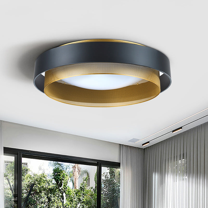 2-Circle Metal Surface Ceiling Light Vintage 2-Light Black/White-Brass Flush Mount Fixture with Mesh Screen, 18"/24.5" W Black Clearhalo 'Ceiling Lights' 'Close To Ceiling Lights' 'Close to ceiling' 'Flush mount' Lighting' 1460595