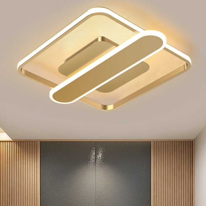Aluminum Thin Square Frame Ceiling Lamp Contemporary Black/Gold/White LED Flush-Mount Light Fixture with Crossbar, 16.5/20.5 Inches Wide Gold Clearhalo 'Ceiling Lights' 'Close To Ceiling Lights' 'Close to ceiling' 'Flush mount' Lighting' 1460637