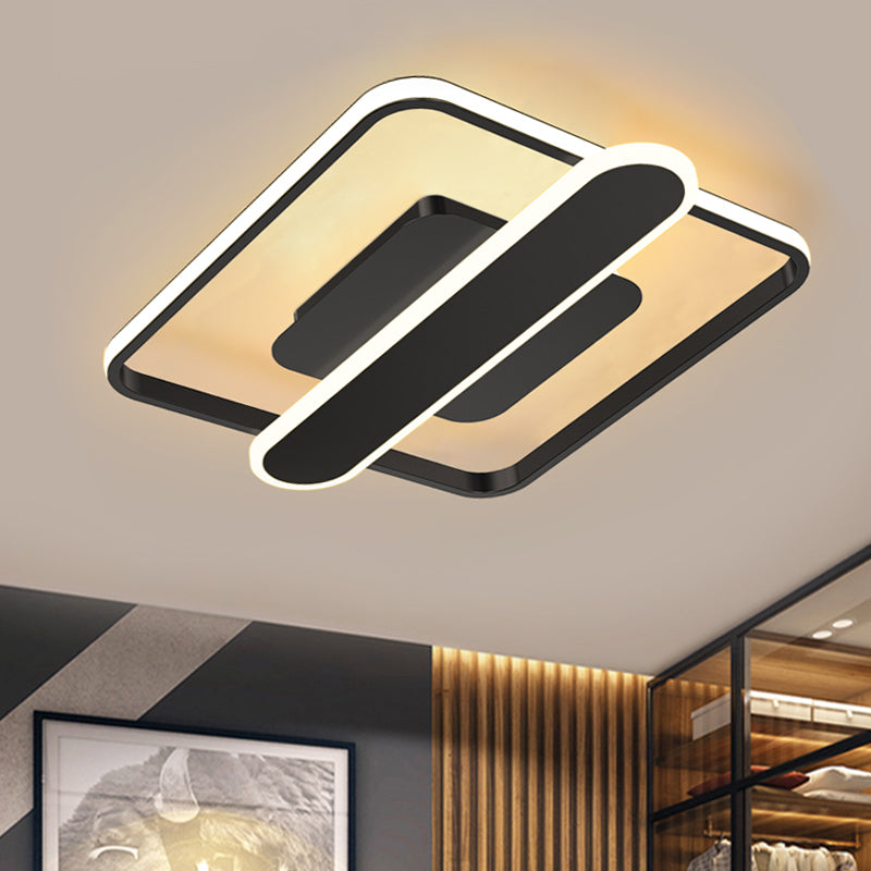 Aluminum Thin Square Frame Ceiling Lamp Contemporary Black/Gold/White LED Flush-Mount Light Fixture with Crossbar, 16.5/20.5 Inches Wide Black Clearhalo 'Ceiling Lights' 'Close To Ceiling Lights' 'Close to ceiling' 'Flush mount' Lighting' 1460643