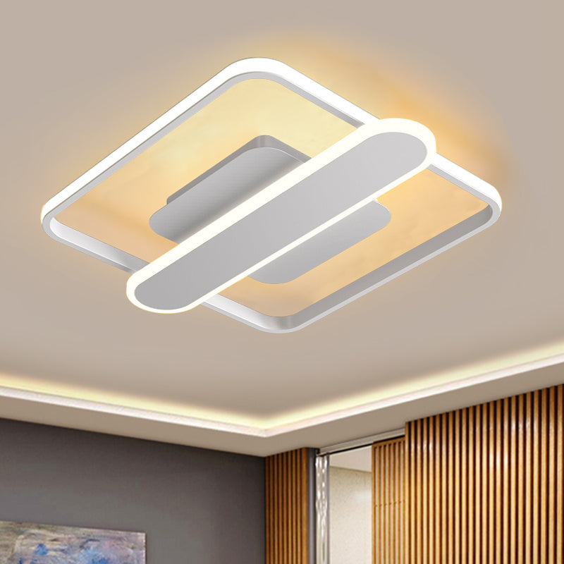 Aluminum Thin Square Frame Ceiling Lamp Contemporary Black/Gold/White LED Flush-Mount Light Fixture with Crossbar, 16.5/20.5 Inches Wide White Clearhalo 'Ceiling Lights' 'Close To Ceiling Lights' 'Close to ceiling' 'Flush mount' Lighting' 1460647