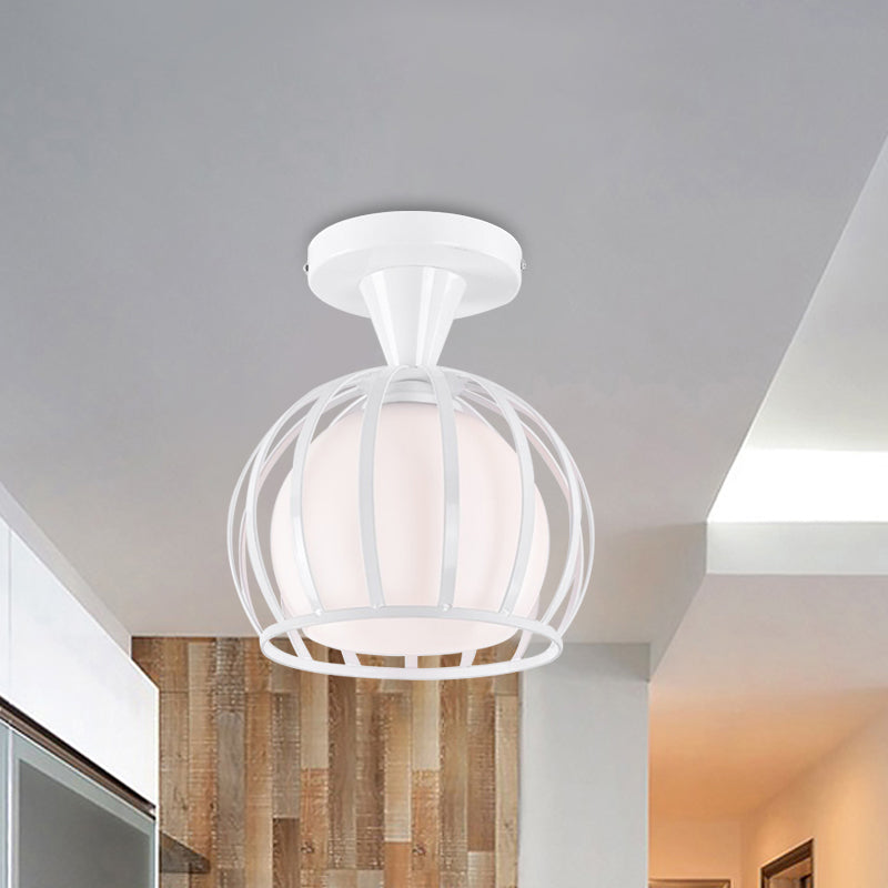 Opal Glass Half Globe Semi Flush Light Modern 1 Head White Ceiling Mount Lamp with Wire Cage Guard