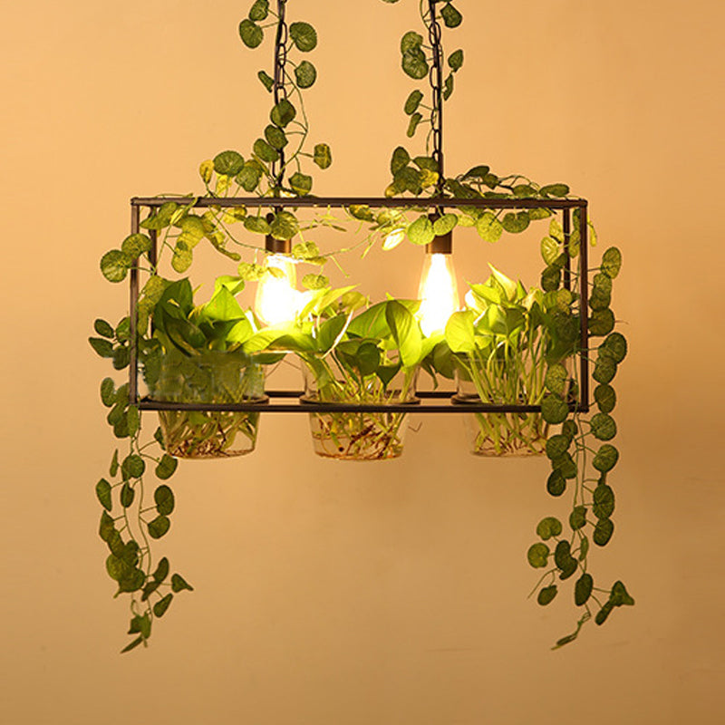 Rectangular Iron Island Lighting Industrial 2 Heads Restaurant Suspension Lamp in Black with Potted Plant Clearhalo 'Ceiling Lights' 'Island Lights' Lighting' 1460724