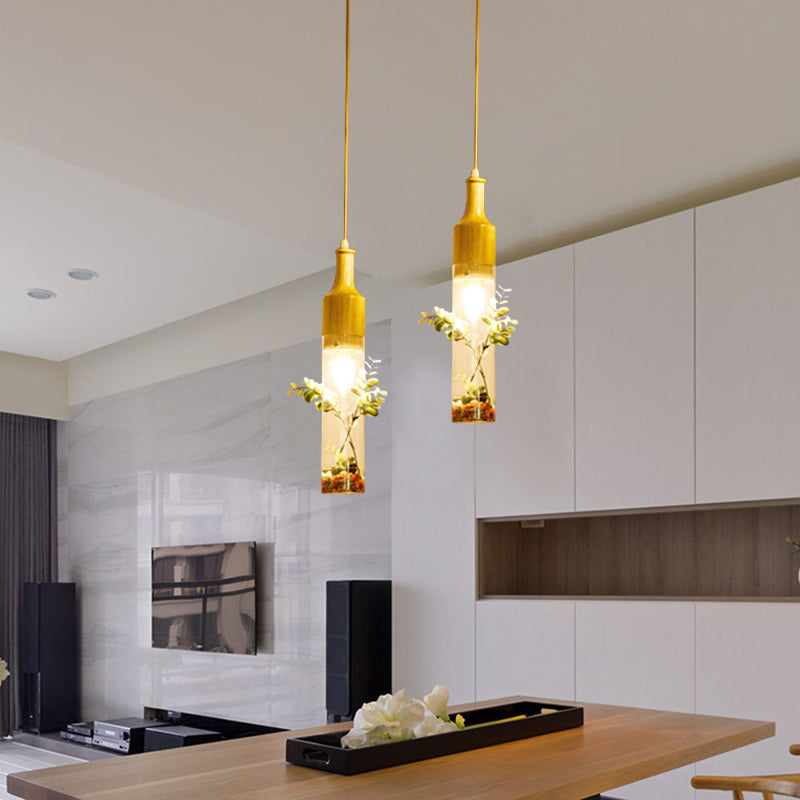Wood Bottle Ceiling Pendant Nordic Clear Glass 2/3/4 Bulbs Restaurant Plant Drop Lamp with Round/Linear Canopy Clearhalo 'Ceiling Lights' 'Glass shade' 'Glass' 'Industrial Pendants' 'Industrial' 'Middle Century Pendants' 'Pendant Lights' 'Pendants' 'Tiffany' Lighting' 1460727