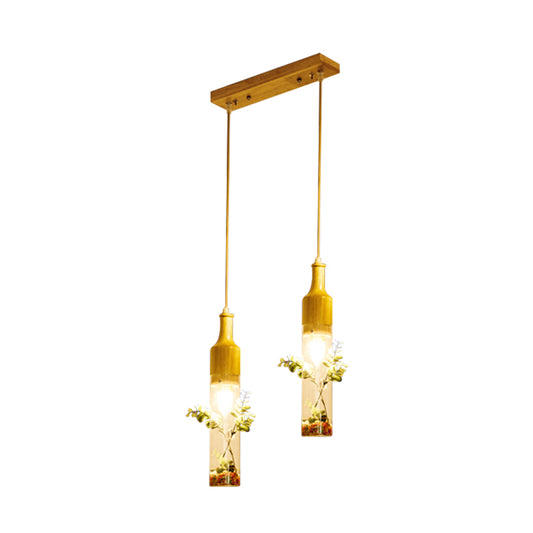 Wood Bottle Ceiling Pendant Nordic Clear Glass 2/3/4 Bulbs Restaurant Plant Drop Lamp with Round/Linear Canopy Clearhalo 'Ceiling Lights' 'Glass shade' 'Glass' 'Industrial Pendants' 'Industrial' 'Middle Century Pendants' 'Pendant Lights' 'Pendants' 'Tiffany' Lighting' 1460728