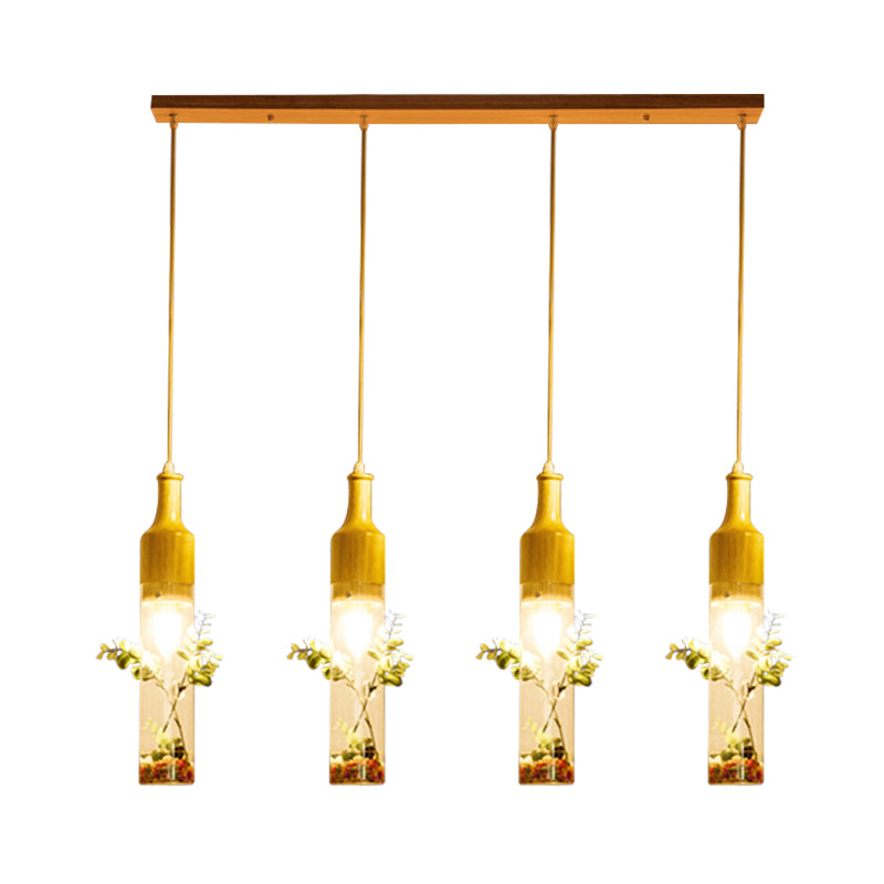 Wood Bottle Ceiling Pendant Nordic Clear Glass 2/3/4 Bulbs Restaurant Plant Drop Lamp with Round/Linear Canopy Clearhalo 'Ceiling Lights' 'Glass shade' 'Glass' 'Industrial Pendants' 'Industrial' 'Middle Century Pendants' 'Pendant Lights' 'Pendants' 'Tiffany' Lighting' 1460737