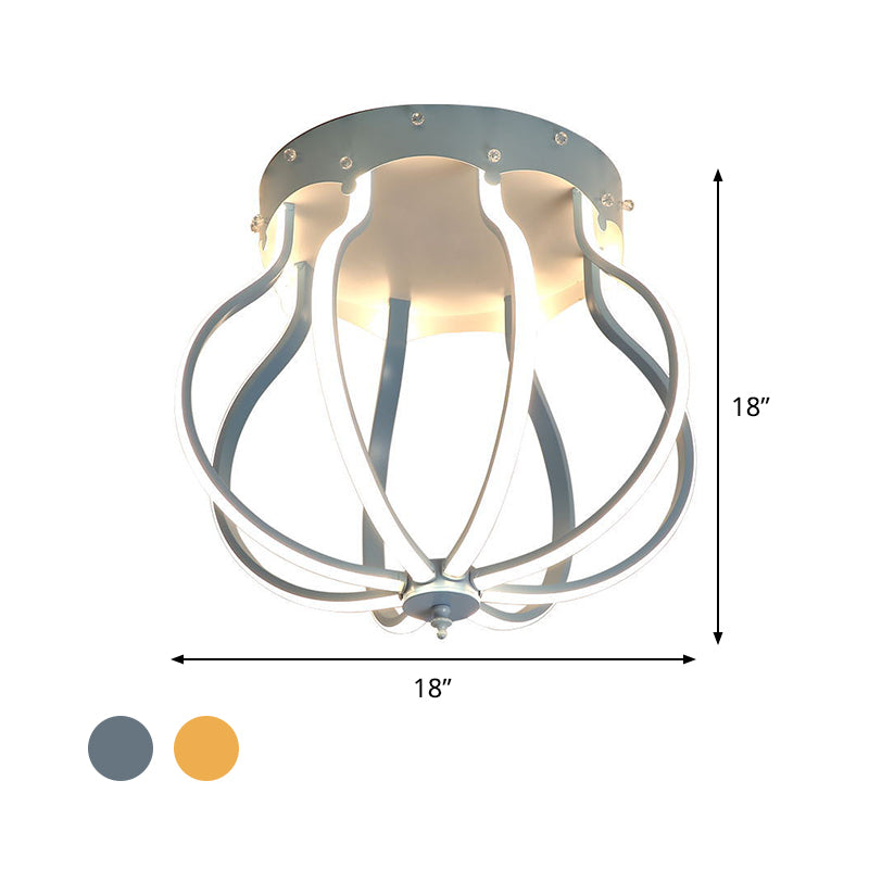 Yellow/Blue Pear Cage Semi Flush Macaron Style Aluminum Semi Flush Mounted Ceiling LED Light for Bedroom, Warm/White Light Clearhalo 'Ceiling Lights' 'Close To Ceiling Lights' 'Close to ceiling' 'Flush mount' Lighting' 1460773
