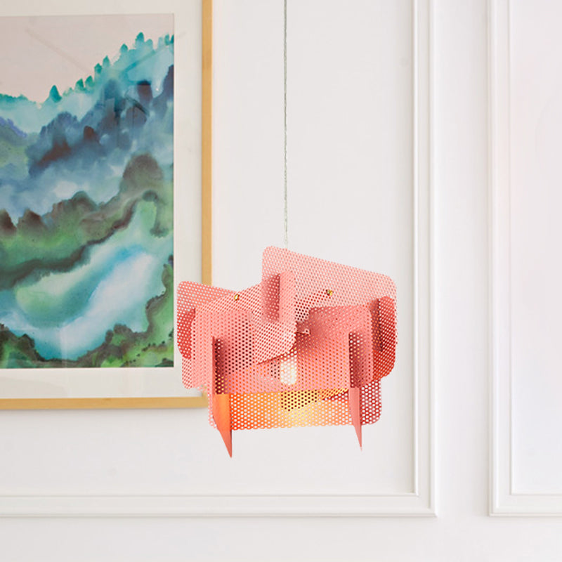 Steel Spliced Mesh Screen Drop Pendant Modern Vogue 1 Head Pink/Grey Hanging Ceiling Light for Dining Room Pink Clearhalo 'Ceiling Lights' 'Modern Pendants' 'Modern' 'Pendant Lights' 'Pendants' Lighting' 1460788