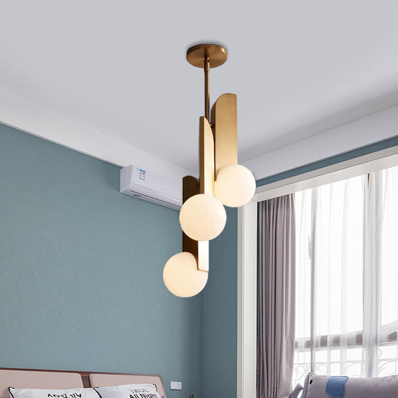 3 Bulbs Global Chandelier Lighting Colonial Gold Opal Frosted Glass Pendant Light Fixture for Bedroom Clearhalo 'Ceiling Lights' 'Chandeliers' Lighting' options 1460813