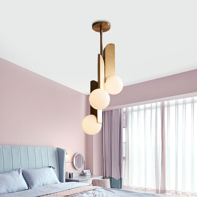 3 Bulbs Global Chandelier Lighting Colonial Gold Opal Frosted Glass Pendant Light Fixture for Bedroom Clearhalo 'Ceiling Lights' 'Chandeliers' Lighting' options 1460814