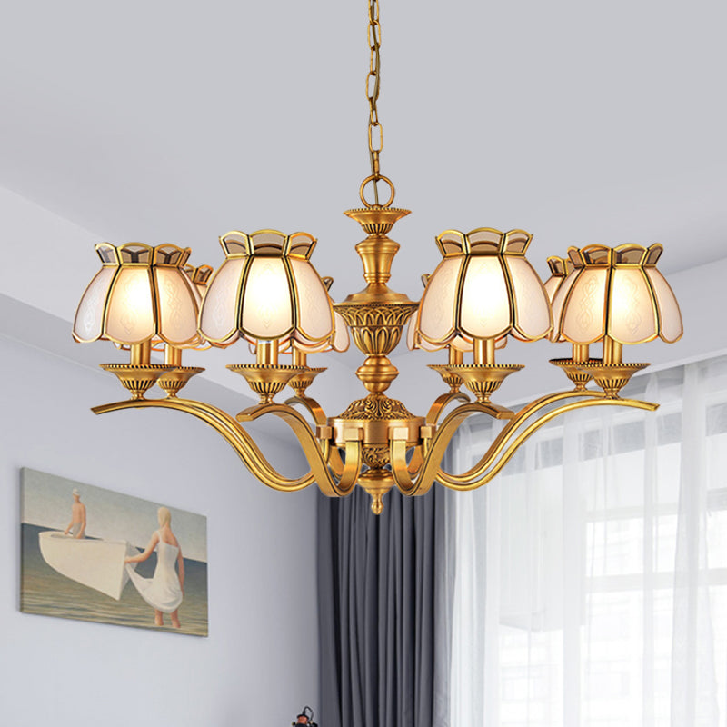 8 Heads Scalloped Pendant Chandelier Colonialist Gold Frosted White Glass Hanging Ceiling Light Gold Clearhalo 'Ceiling Lights' 'Chandeliers' Lighting' options 1460830_62b45d0c-5d87-4b46-8954-2e133f671b27