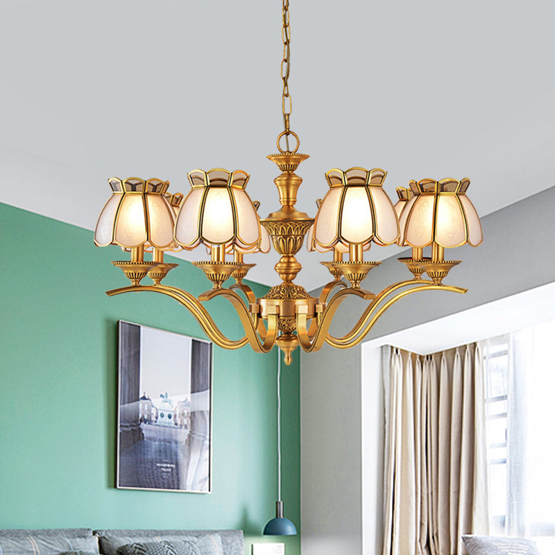 8 Heads Scalloped Pendant Chandelier Colonialist Gold Frosted White Glass Hanging Ceiling Light Clearhalo 'Ceiling Lights' 'Chandeliers' Lighting' options 1460831