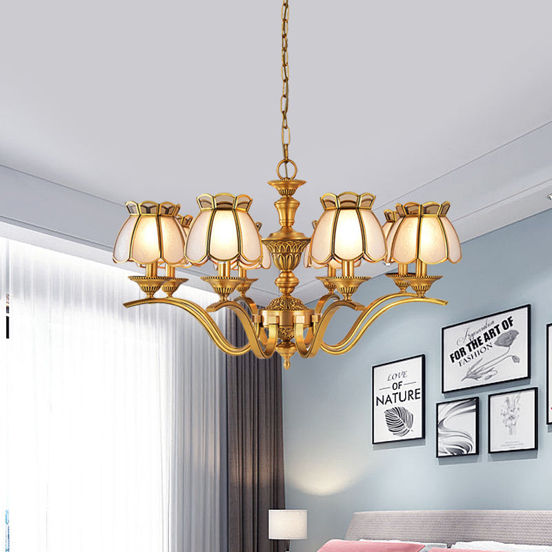 8 Heads Scalloped Pendant Chandelier Colonialist Gold Frosted White Glass Hanging Ceiling Light Clearhalo 'Ceiling Lights' 'Chandeliers' Lighting' options 1460832
