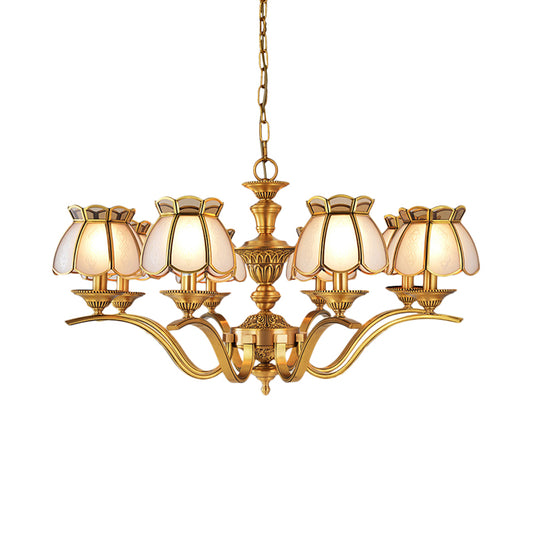8 Heads Scalloped Pendant Chandelier Colonialist Gold Frosted White Glass Hanging Ceiling Light Clearhalo 'Ceiling Lights' 'Chandeliers' Lighting' options 1460833