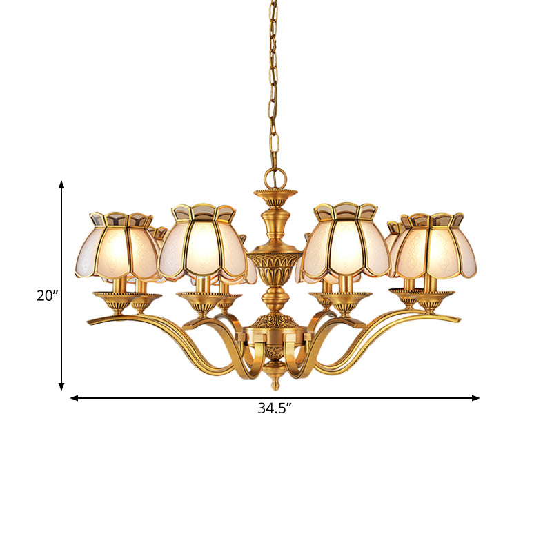 8 Heads Scalloped Pendant Chandelier Colonialist Gold Frosted White Glass Hanging Ceiling Light Clearhalo 'Ceiling Lights' 'Chandeliers' Lighting' options 1460834
