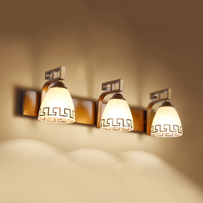 Ivory Glass Dome Vanity Sconce 2/3 Lights Bathroom Wall Lamp Fixture in Gold with Iron Curvy Arm Clearhalo 'Vanity Lights' 'Wall Lights' Lighting' 1460838