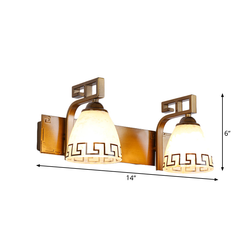 Ivory Glass Dome Vanity Sconce 2/3 Lights Bathroom Wall Lamp Fixture in Gold with Iron Curvy Arm Clearhalo 'Vanity Lights' 'Wall Lights' Lighting' 1460844