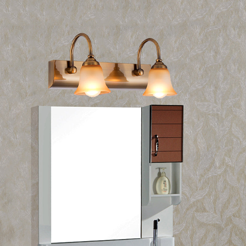 Bell Frosted Glass Vanity Lamp Vintage 2/3 Bulbs Bathroom Wall Mounted Light Fixture in Gold with Gooseneck Arm Clearhalo 'Vanity Lights' 'Wall Lights' Lighting' 1460876