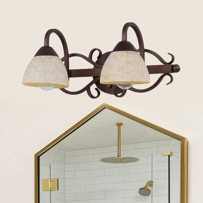 Brown Bowl Vanity Wall Light Antique Beige Glass 2/3/4 Bulbs Bathroom Wall Sconce Lighting Fixture with Swooping Arm 2.0 Brown Clearhalo 'Vanity Lights' 'Wall Lights' Lighting' 1460905