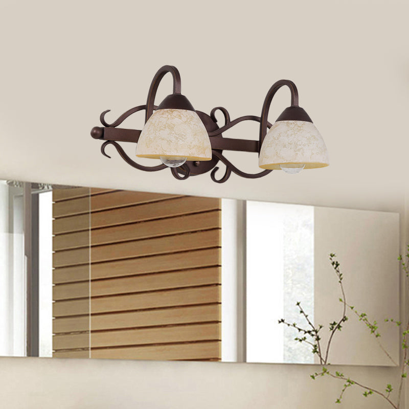 Brown Bowl Vanity Wall Light Antique Beige Glass 2/3/4 Bulbs Bathroom Wall Sconce Lighting Fixture with Swooping Arm Clearhalo 'Vanity Lights' 'Wall Lights' Lighting' 1460907