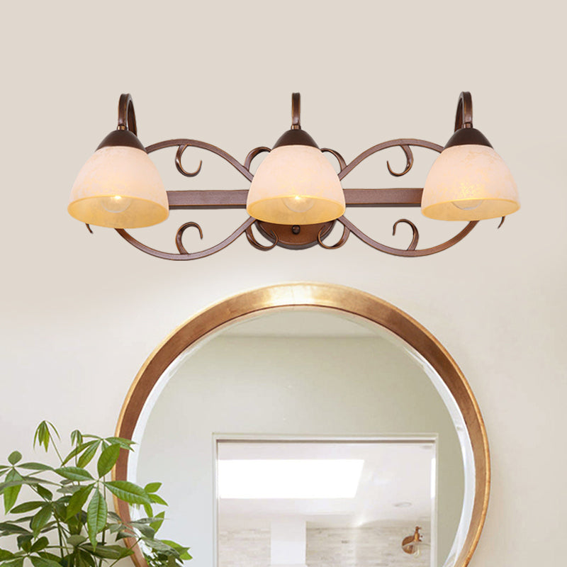Brown Bowl Vanity Wall Light Antique Beige Glass 2/3/4 Bulbs Bathroom Wall Sconce Lighting Fixture with Swooping Arm 3.0 Brown Clearhalo 'Vanity Lights' 'Wall Lights' Lighting' 1460910