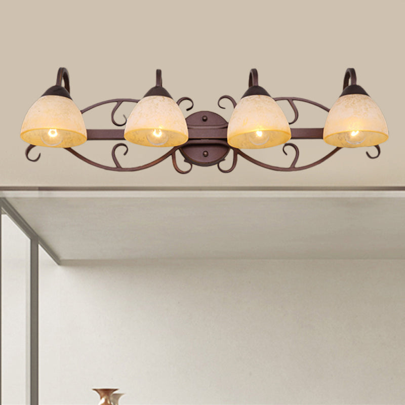 Brown Bowl Vanity Wall Light Antique Beige Glass 2/3/4 Bulbs Bathroom Wall Sconce Lighting Fixture with Swooping Arm 4.0 Brown Clearhalo 'Vanity Lights' 'Wall Lights' Lighting' 1460915