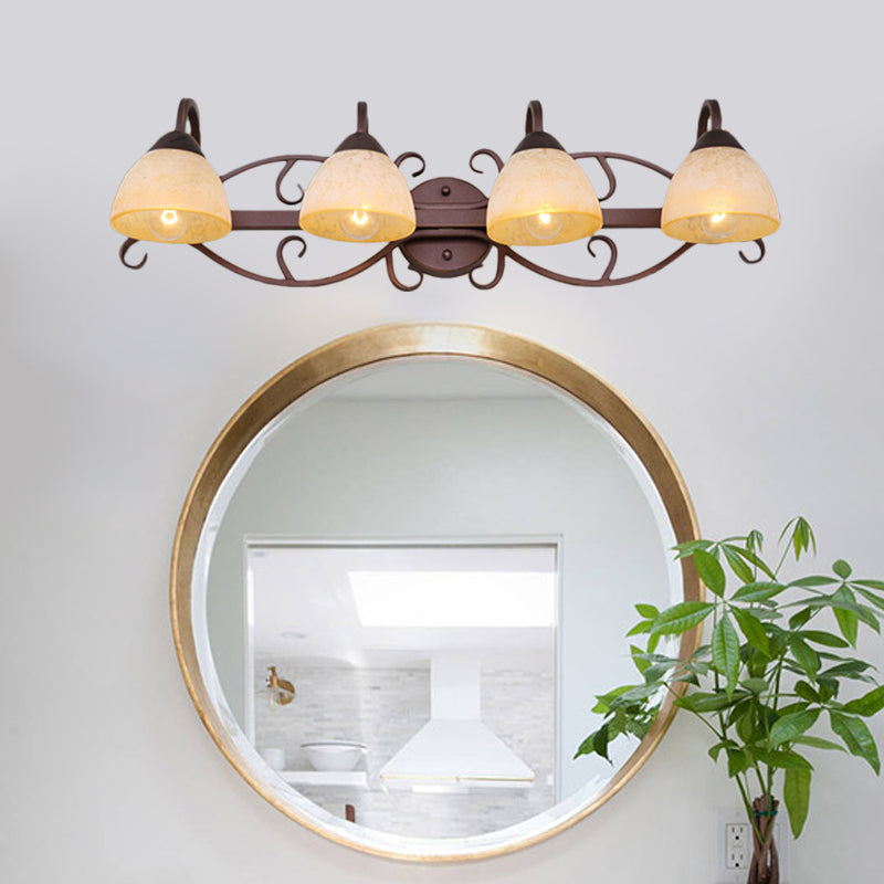 Brown Bowl Vanity Wall Light Antique Beige Glass 2/3/4 Bulbs Bathroom Wall Sconce Lighting Fixture with Swooping Arm Clearhalo 'Vanity Lights' 'Wall Lights' Lighting' 1460916