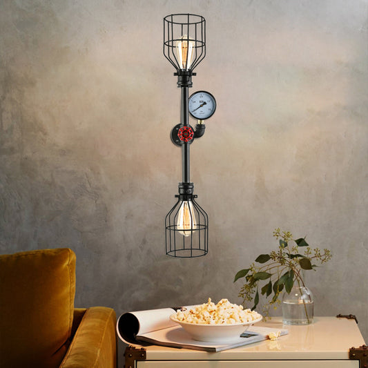 Metal Cage Shade Wall Sconce Fixture Industrial 2 Bulbs Living Room Wall Lighting with Gauge and Pipe in Black Black Clearhalo 'Art deco wall lights' 'Cast Iron' 'Glass' 'Industrial wall lights' 'Industrial' 'Middle century wall lights' 'Modern' 'Rustic wall lights' 'Tiffany' 'Traditional wall lights' 'Wall Lamps & Sconces' 'Wall Lights' Lighting' 146092
