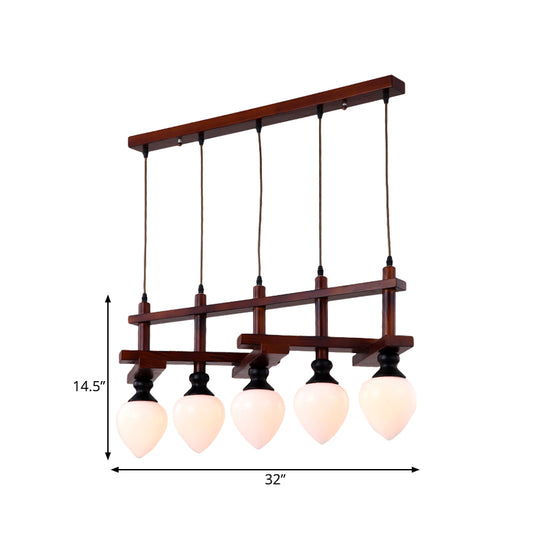 Brown 5 Heads Cluster Pendant Light Retro Opal Glass Pear Suspension Lamp with Linear Wooden Canopy Clearhalo 'Ceiling Lights' 'Pendant Lights' 'Pendants' Lighting' 1460943