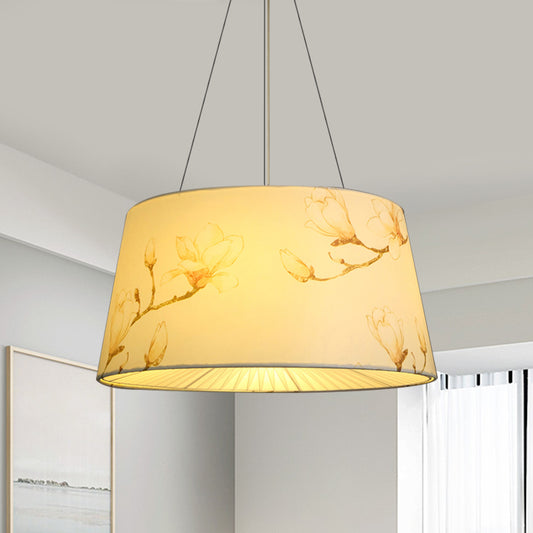 Blue/Beige 4 Heads Chandelier Light Pastoral Fabric Drum Hanging Pendant Lamp with Floral Pattern for Living Room Clearhalo 'Ceiling Lights' 'Chandeliers' Lighting' options 1460976