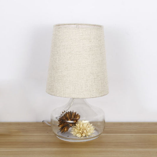 1-Head Fabric Desk Lighting Pastoral Cream Gray Tapered Bedroom Night Light with Clear Glass Base and Flower Clearhalo 'Lamps' 'Table Lamps' Lighting' 1460983
