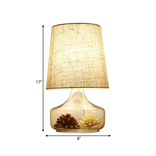 1-Head Fabric Desk Lighting Pastoral Cream Gray Tapered Bedroom Night Light with Clear Glass Base and Flower Clearhalo 'Lamps' 'Table Lamps' Lighting' 1460984